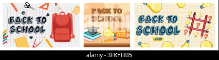 Red backpack, stationery. Back to school template with tic tac toe game. Promo poster with place for text. Set flat vector modern illustration Stock Vector
