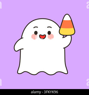 Cute ghost holding candy corn Halloween cartoon vector illustration Stock Vector
