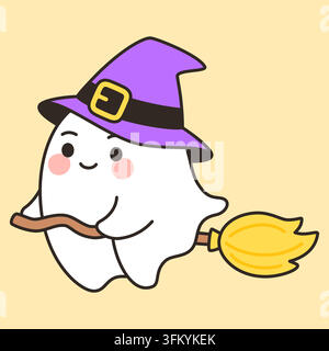 Cute ghost witch flying on broomstick Halloween vector illustration Stock Vector