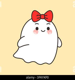 Cute smiling ghost with red bow vector illustration Stock Vector