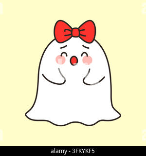Cute shy ghost with red bow vector illustration Stock Vector