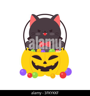 Angry Black Vampire Cat in Pumpkin Bucket With Candy Halloween Vector Illustration Stock Vector