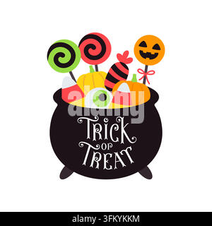 Black Halloween Cauldron With Candy Corn and Lollipops Trick or Treat Vector Illustration Stock Vector