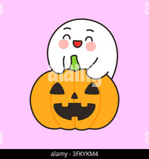 Cute smiling ghost popping out of pumpkin vector illustration Stock Vector