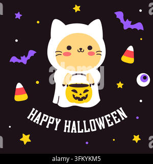 Cute Cat in Hooded Ghost Costume Holding Pumpkin Bucket Halloween Vector Illustration Stock Vector
