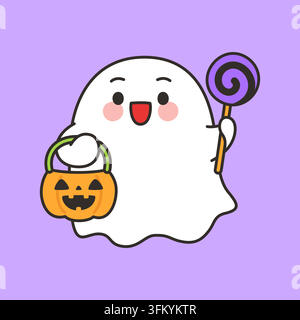 Cute Ghost Character Holding Lollipop And Pumpkin Candy Bucket Vector Illustration Stock Vector