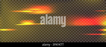 Warm red and orange film light leak overlay effect with lens flare glare on transparent background. Fire flame speed streak trail effect glowing light Stock Vector