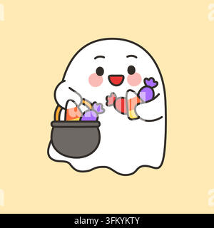 Cute Ghost Character Holding Cauldron Bucket Of Halloween Candy Vector Illustration Stock Vector