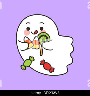 Cute Ghost Holding Candy Corn And Lollipop With Wrapped Candies Vector Illustration Stock Vector