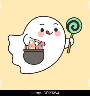Cute Ghost Holding Cauldron With Candy Corn And Lollipop Vector Illustration Stock Vector