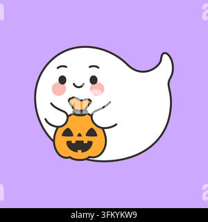 Cute Ghost Character Holding Pumpkin Candy Bag Vector Illustration Stock Vector