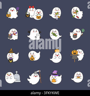 Cute Ghost Character Halloween Icon Set With Witch And Scarecrow Vector Illustration Stock Vector