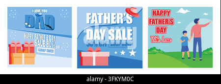 Gift boxes. Father's Day Sales Promotion. Father and son flying a kite and walking together. Set flat vector modern illustration Stock Vector