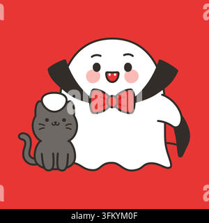 Cute Ghost Character Dressed As Vampire With Cat Vector Illustration Stock Vector