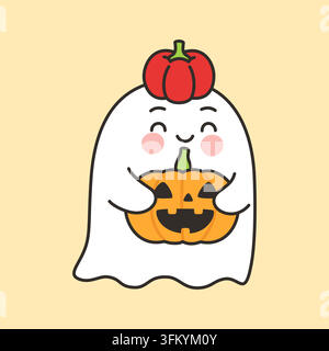 Cute Ghost Character Holding Carved Jack O Lantern Pumpkin Vector Illustration Stock Vector