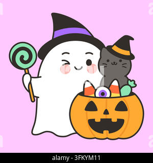 Cute Ghost And Cat In Witch Hats With Pumpkin Candy Bucket Vector Illustration Stock Vector
