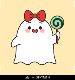 Cute Ghost Character With Red Bow Holding Green Lollipop Vector Illustration Stock Vector
