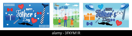 Greetings and gifts for Father's Day. Superhero dad and kids. Father's Day poster with hat, tie and gift box on blue background. Flat vector modern il Stock Vector