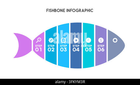 Fishbone Diagram Infographic with Six-Step Process in Colorful Sections Vector Illustration Stock Vector