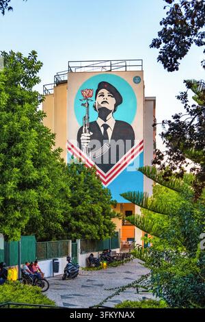 PEACE GUARD, 2017, Shepard Fairey, mural on apartment wall with reference to the 1974 Carnation Revolution, street art, Graça, Lisbon, Portugal Stock Photo