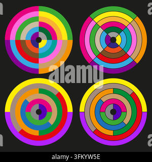 Concentric target segmented feature colorful vector set. This geometric focus circle represents simple abstract modern layouts. eps 10 Stock Vector