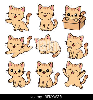Set of cute cat sticker. Lovely cat and friendly kitten in different poses. Stock Vector