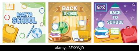 Back to school. Greeting text with backpack school bag and educational elements. Stack of books with alarm clock. Back to school with school supplies. Stock Vector