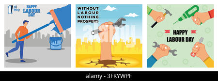 International Workers Day Celebration. A hand holding a wrench. Labor Day concept with hands holding tools. Set flat vector modern illustration Stock Vector