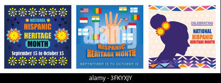 Hispanic heritage month. Different Flags of America on silhouette people hand. Hispanic and Latino culture. Set flat vector modern illustration Stock Vector