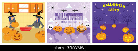 Happy Family preparing for Halloween. Happy Halloween party poster with night clouds and pumpkins in paper cut style. Happy Halloween. Set flat vector Stock Vector