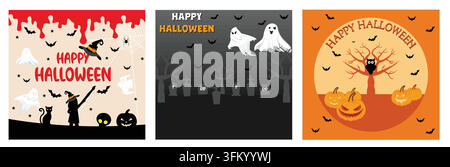 Happy Halloween elements. Ghosts, treats or tricks, Horizontal poster. Halloween theme banner with bunch of pumpkins and spooky trees. Set flat vector Stock Vector
