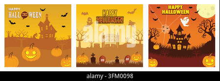 Happy Halloween podium. Panorama of Halloween cemetery. Happy Halloween party banner. Set flat vector modern illustration Stock Vector