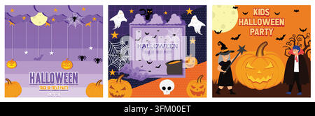 Happy Halloween party invitation. Happy Halloween party poster. Smiling pumpkin with invitation text. Set flat vector modern illustration Stock Vector