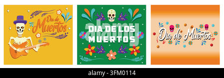 Postcard with lettering Dia de Muertos. Dia de los moertos, with colorful Mexican flowers. Dia de Muertos, day of the Dead spanish text lettering. Set Stock Vector