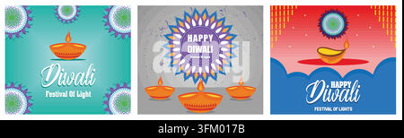 Happy diwali festival. Happy Diwali greetings. Diwali, Deepavali or Diwali the festival of lights india. Set flat vector modern illustration Stock Vector