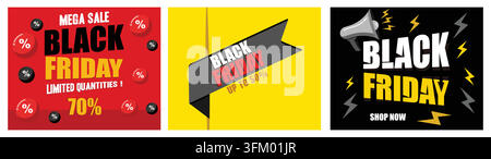 Black Friday, Big Sale. Ribbons and sales banners are ready. Black Friday sale with text and megaphone. Set flat vector modern illustration Stock Vector