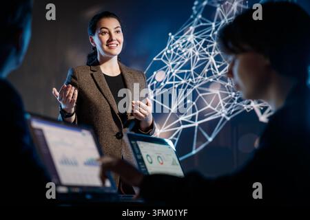 Network Datad Dynamic business scene featuring a confident female leader presenting ...
