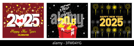 Happy New Year 2025. Festive new year 2025 celebration with gift box. New Year 2025 and gold gradient numbers. Set flat vector modern illustration Stock Vector