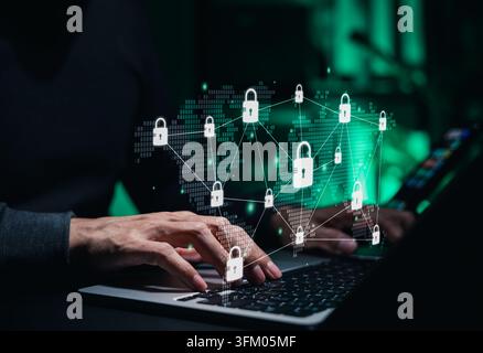 Cybersecurity network protection concept. padlock icon. manage encrypted data access, secure global connection, privacy lock, threat prevention, ident Stock Photo