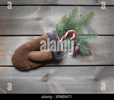 Winter time view with gloves and candy cane on wooden background. Copy space Stock Photo
