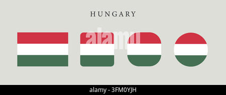 Hungary national flag set in original proportion and different shapes styles. Official Hungarian symbol vector collection Stock Vector