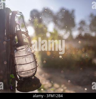 Background old holzzaun with classic antique lamps hanging decorations Stock Photo