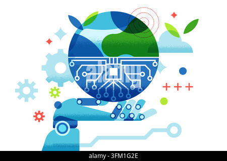 Vector abstract flat geometric concept of robot hand holding Earth globe with circuit board. Creative illustration for artificial intelligence technol Stock Vector