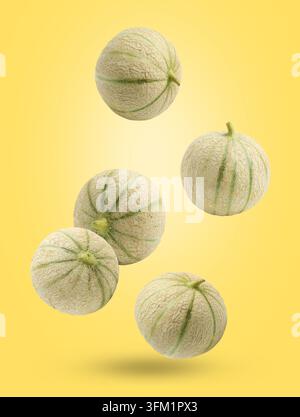 Fresh cantaloupe melons falling on yellow background Stock Photo