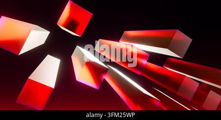 Dynamic 3D render of floating red crystal cubes and prisms with light streaks on a dark background, modern tech concept wallpaper. Stock Photo