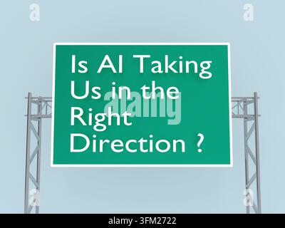 3D illustration of Is AI Taking Us in the Right Direction? script on road sign, isolated over pale blue. Stock Photo