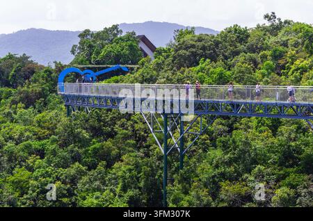 SANYA, HAINAN, CHINA - OCTOBER 11, 2019: Colorful panoramic view of the glass bridge and Yanoda Rainforest Cultural Tourism Zone Stock Photo