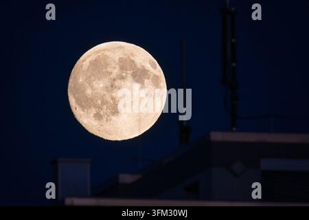 The full moon, which is also called harvest moon or autumn moon in September, glows in the evening sky, Frankfurt am Main, Hesse, Germany Stock Photo