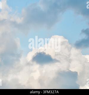 A mix of dark grey storm clouds and bright white cumulus formations against a pale blue sky, showing the transition of weather and dramatic atmospheri Stock Photo