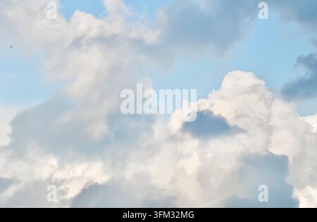 A mix of dark grey storm clouds and bright white cumulus formations against a pale blue sky, showing the transition of weather and dramatic atmospheri Stock Photo